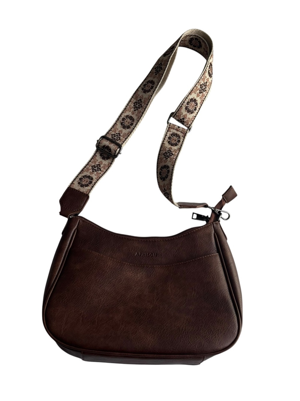 Dark Brown Faux-Leather Satchel with Patterned Adjustable Strap